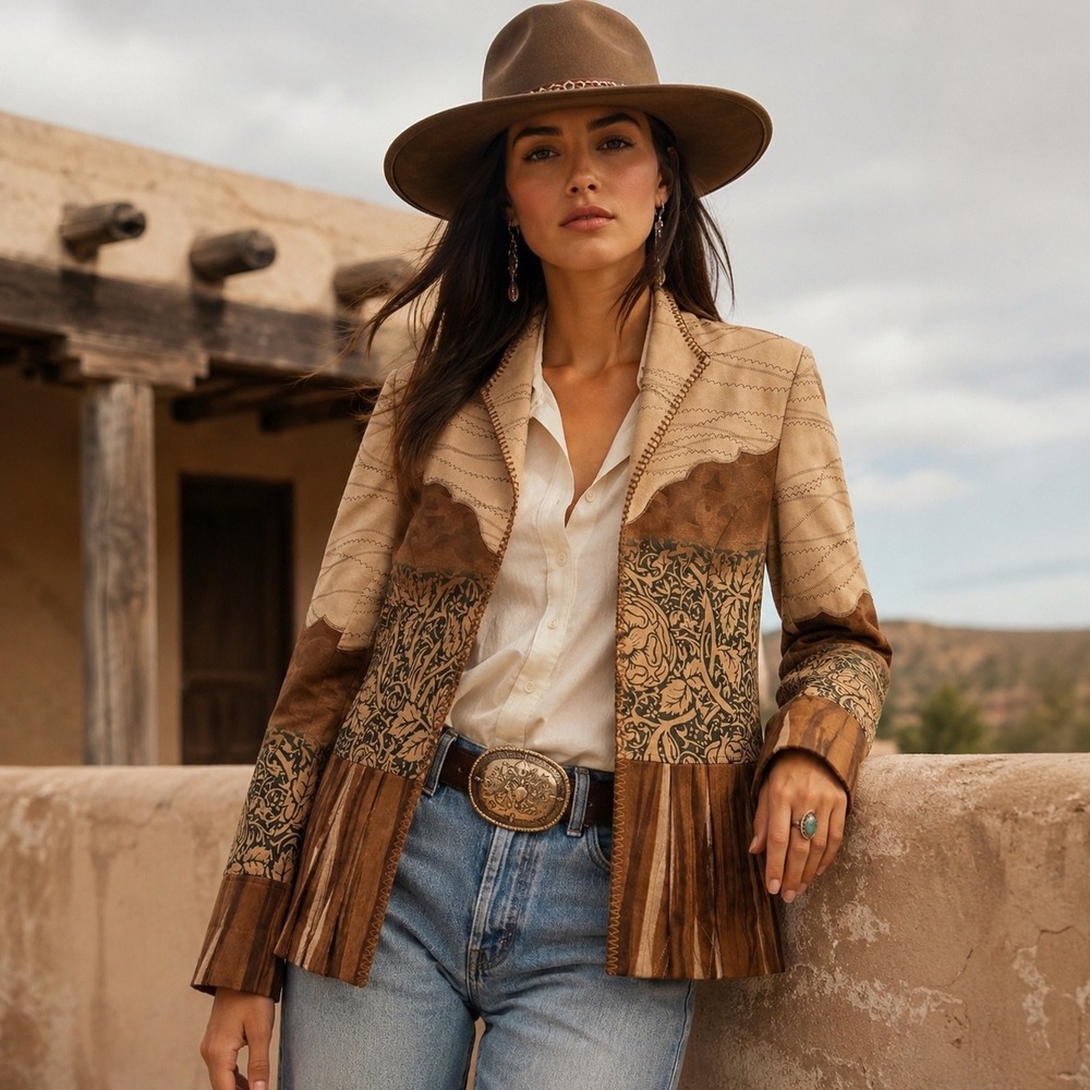 Boho Western Blazer Jacket Womens 6 Brown Faux Suede Southwestern Ranchwear